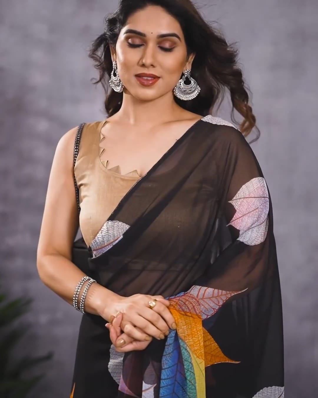 Ready to Wear - Black Floral Pure Soft Georgette Silk Saree