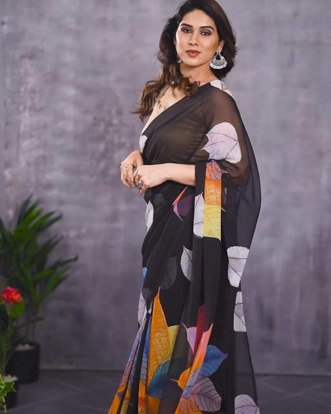 Ready to Wear - Black Floral Pure Soft Georgette Silk Saree