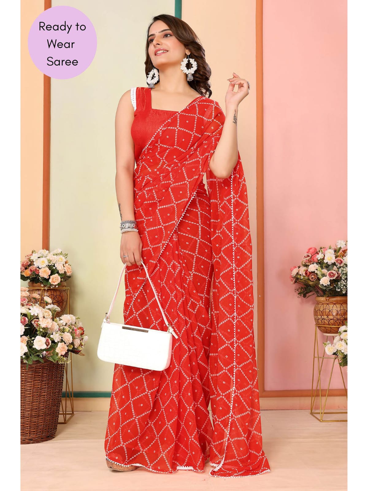 Ready to Wear - Orange Bandhani Pure Soft Georgette Silk Saree