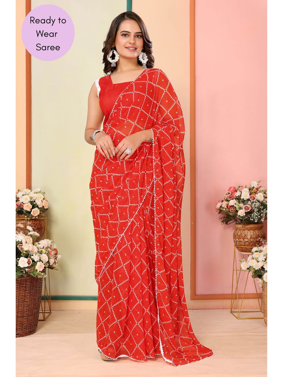 Ready to Wear - Orange Bandhani Pure Soft Georgette Silk Saree
