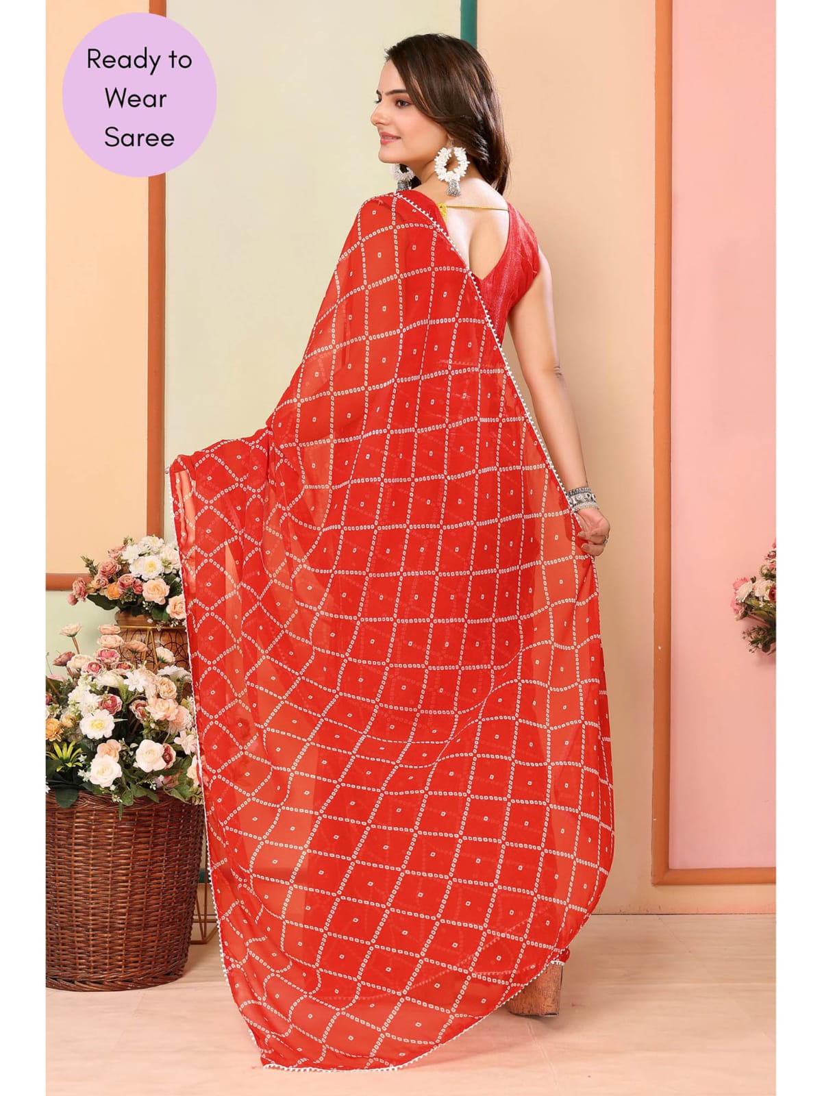 Ready to Wear - Orange Bandhani Pure Soft Georgette Silk Saree