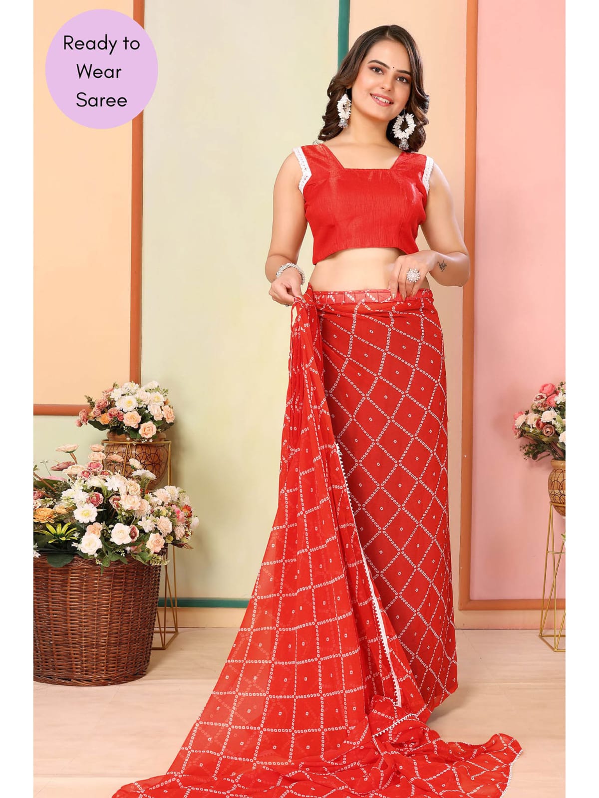 Ready to Wear - Orange Bandhani Pure Soft Georgette Silk Saree