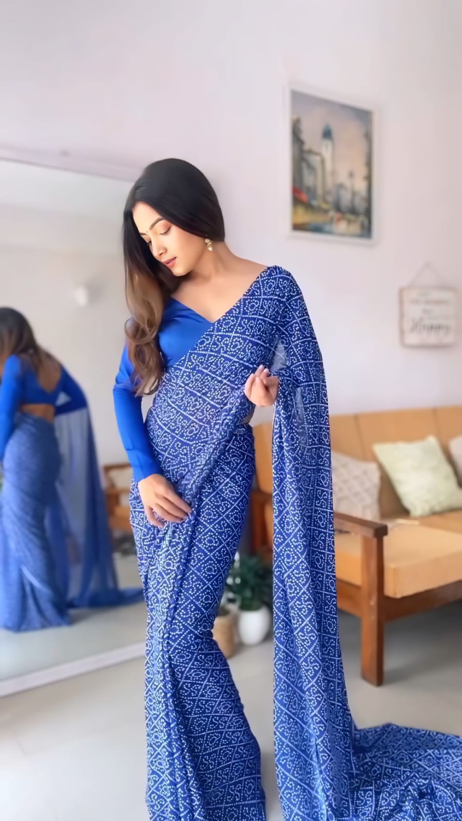 Ready to Wear - Blue Bandhani Pure Soft Georgette Silk Saree