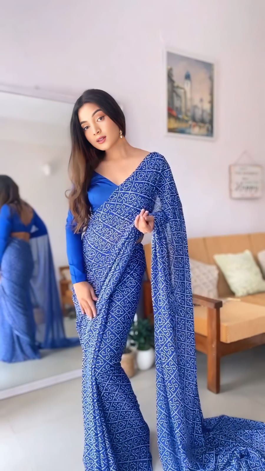 Ready to Wear - Blue Bandhani Pure Soft Georgette Silk Saree
