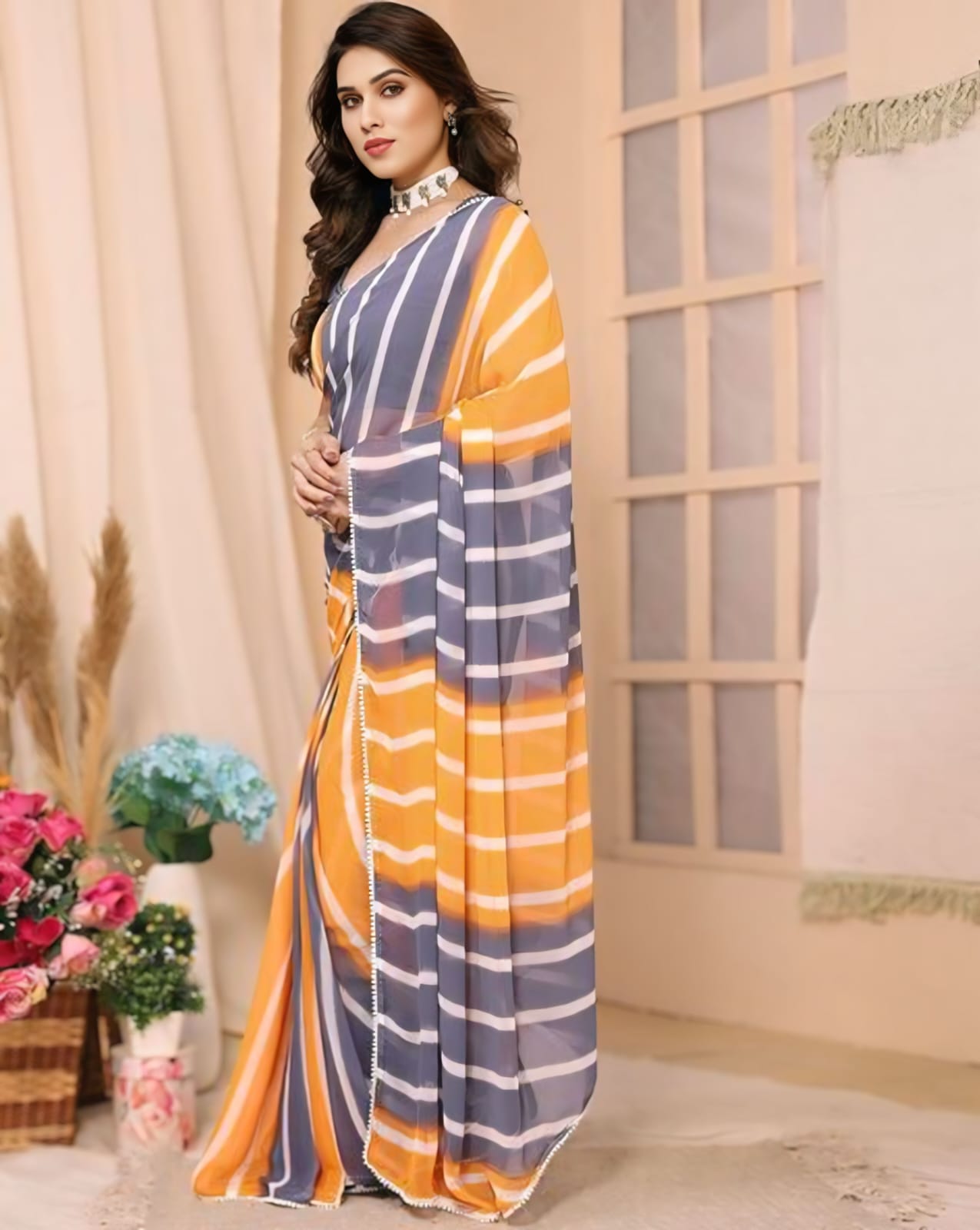 Ready to Wear Georgette Silk Saree - Gray & Yellow Laheriya Design