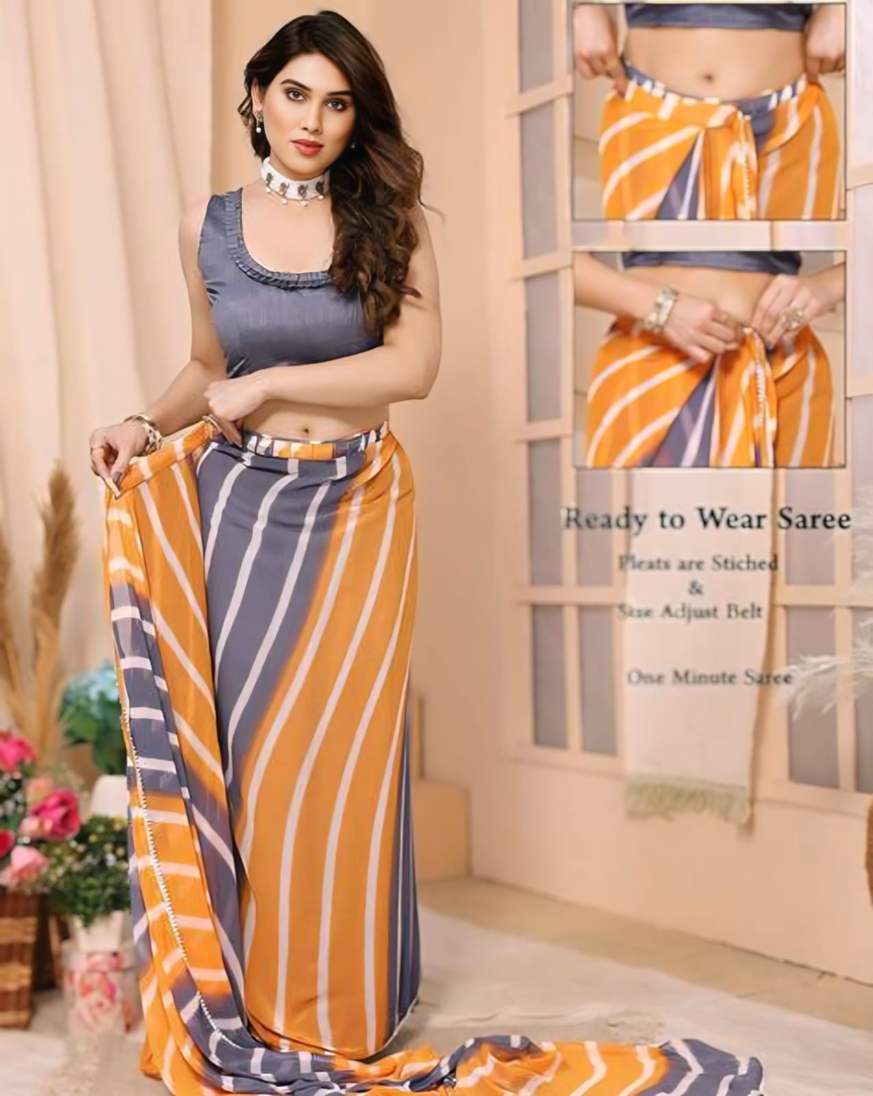 Ready to Wear Georgette Silk Saree - Gray & Yellow Laheriya Design