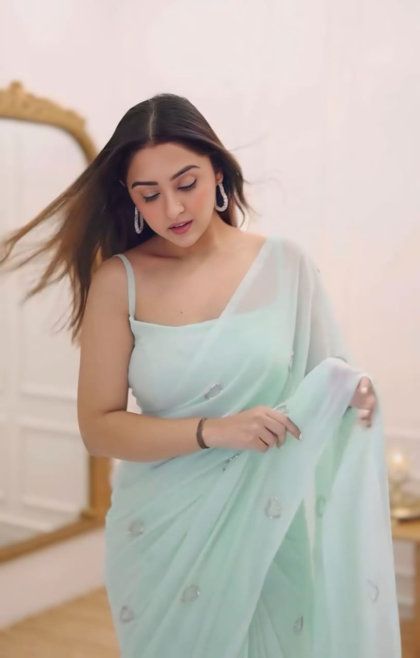Ready to Wear - Sky Blue Handwork Heart Design Pure Soft Georgette Silk Saree