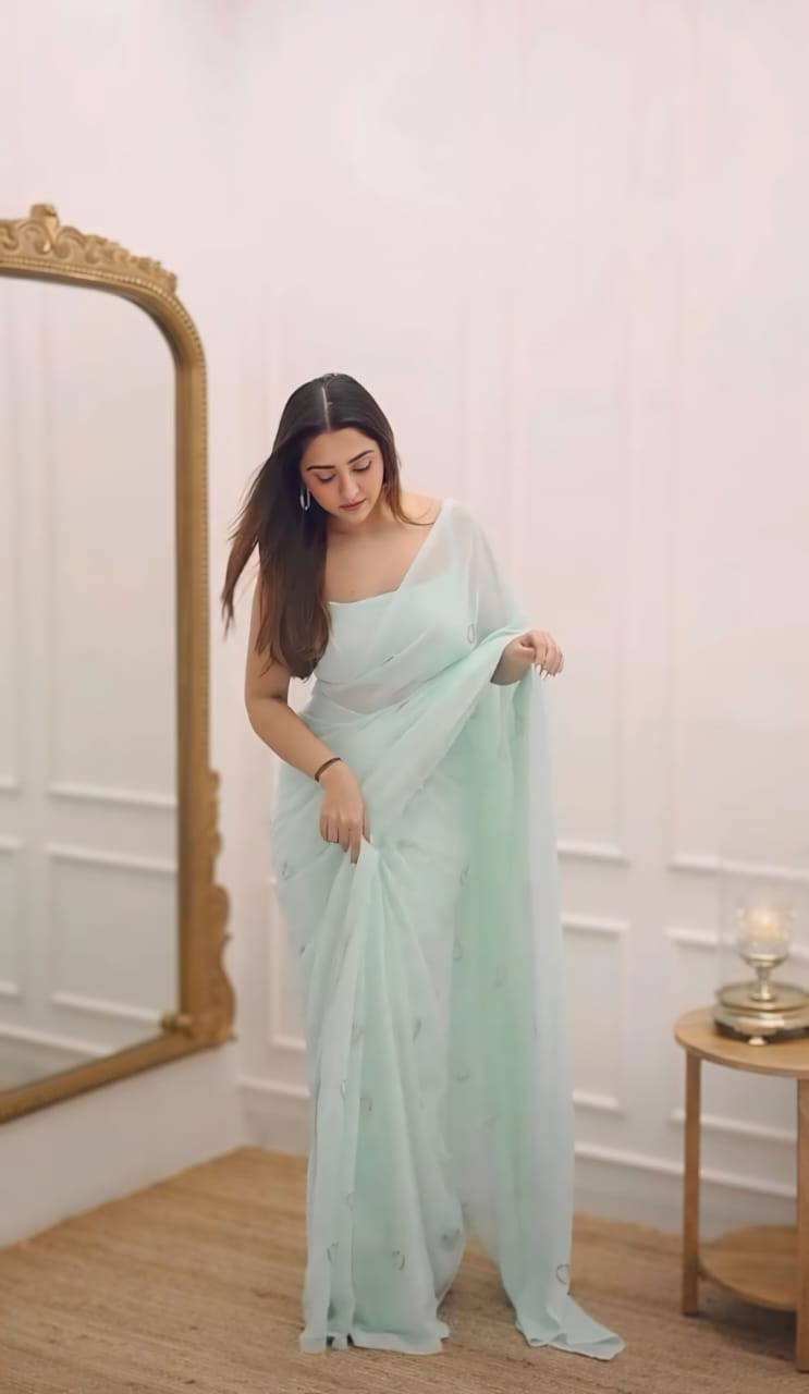 Ready to Wear - Sky Blue Handwork Heart Design Pure Soft Georgette Silk Saree