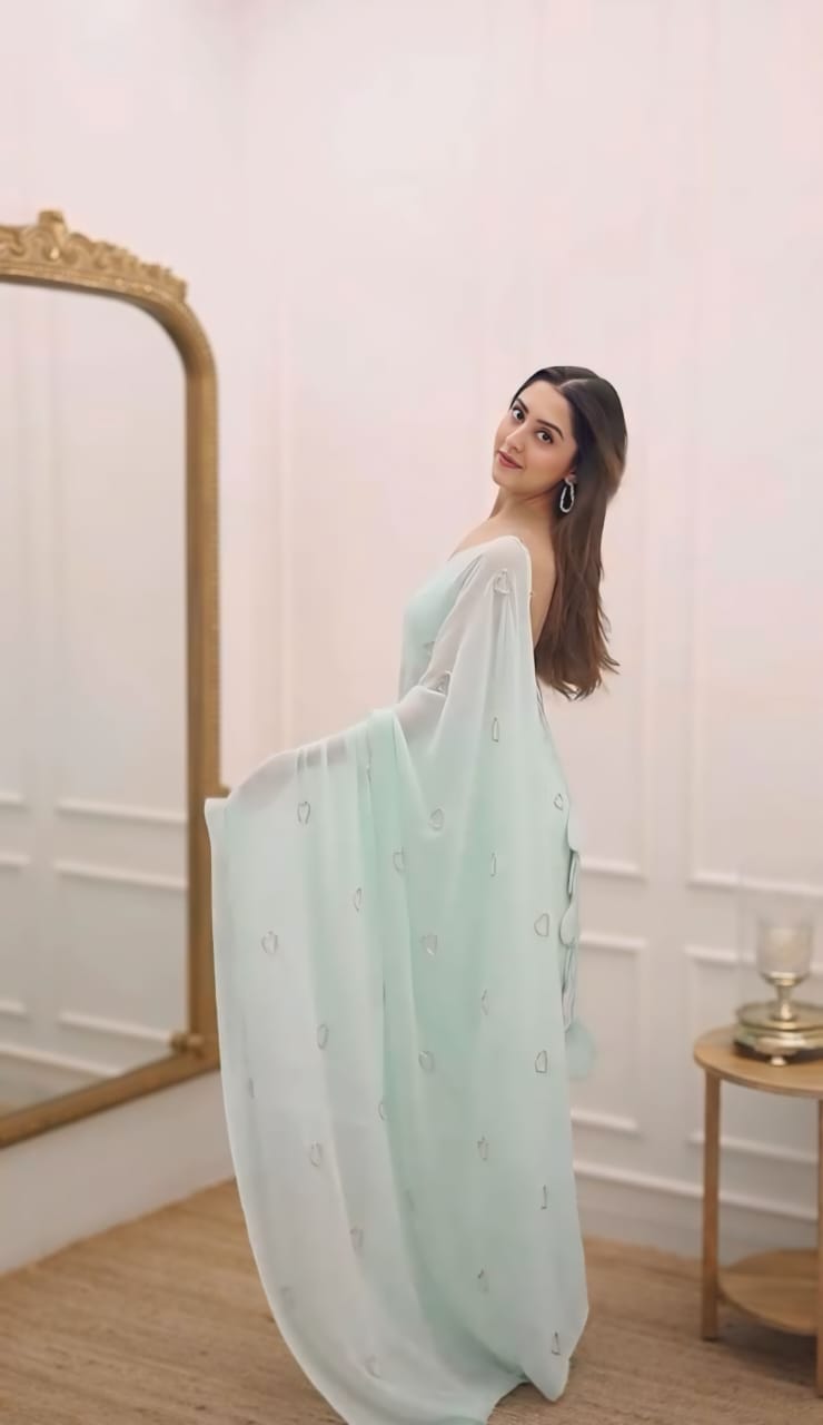 Ready to Wear - Sky Blue Handwork Heart Design Pure Soft Georgette Silk Saree