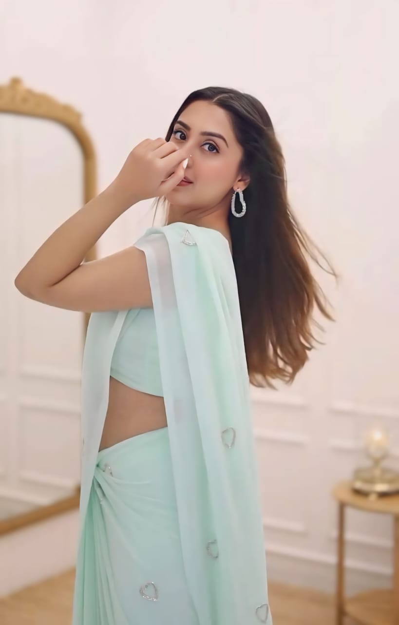 Ready to Wear - Sky Blue Handwork Heart Design Pure Soft Georgette Silk Saree