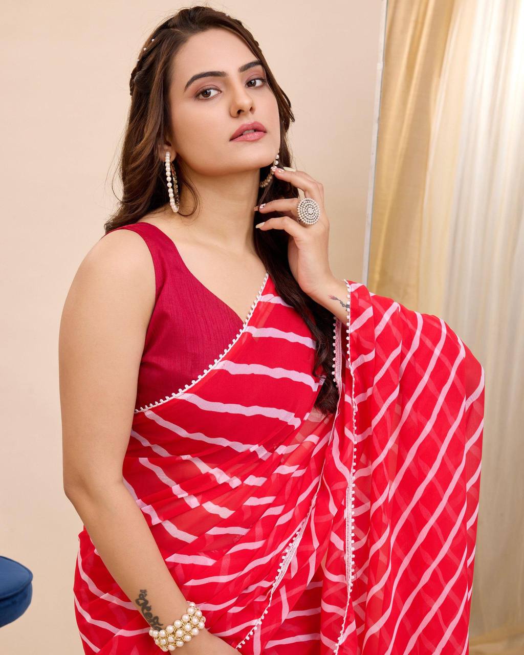 Ready to Wear - Red & White Laheriya Pure Soft Georgette Silk Saree