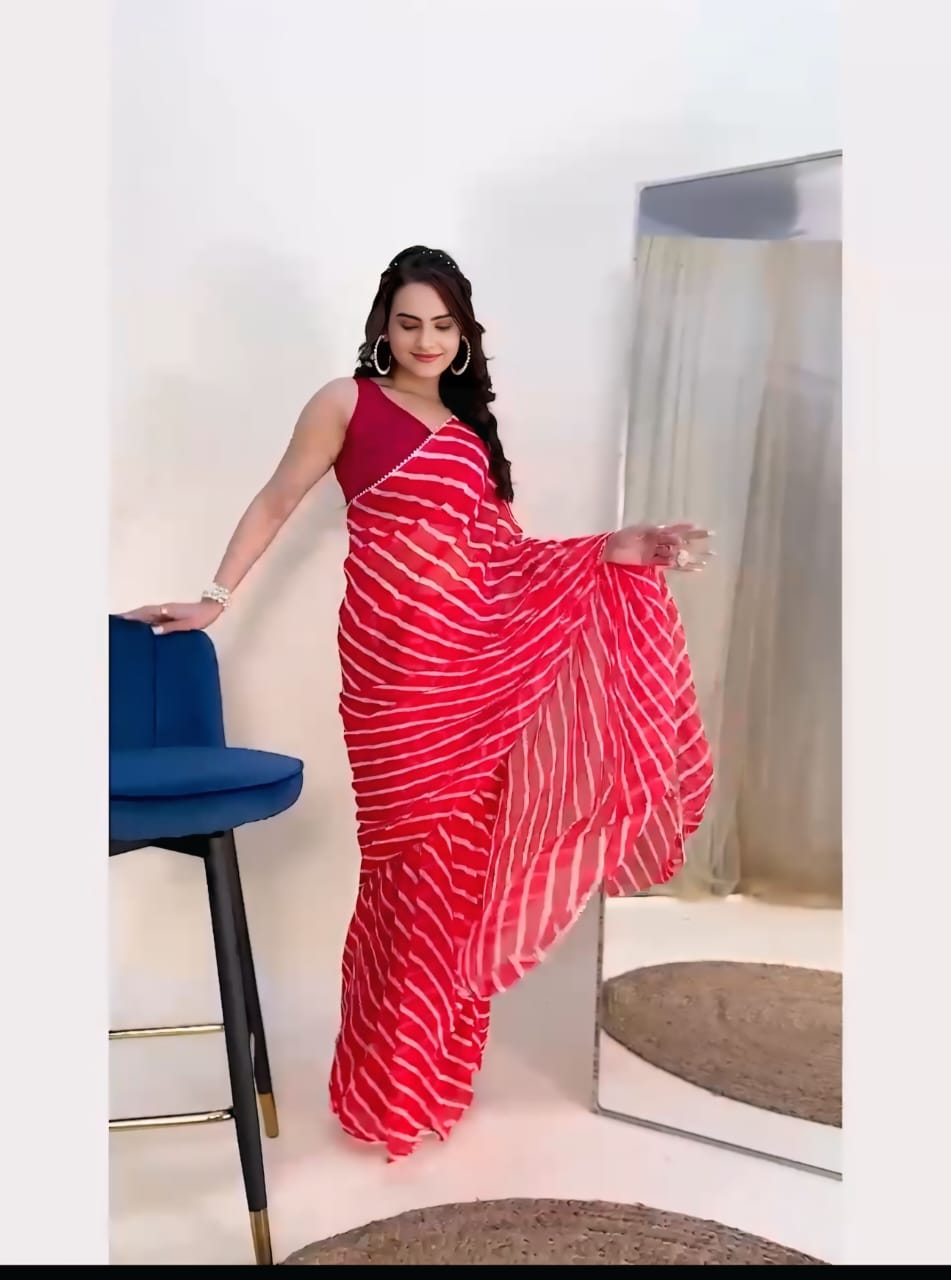 Ready to Wear - Red & White Laheriya Pure Soft Georgette Silk Saree