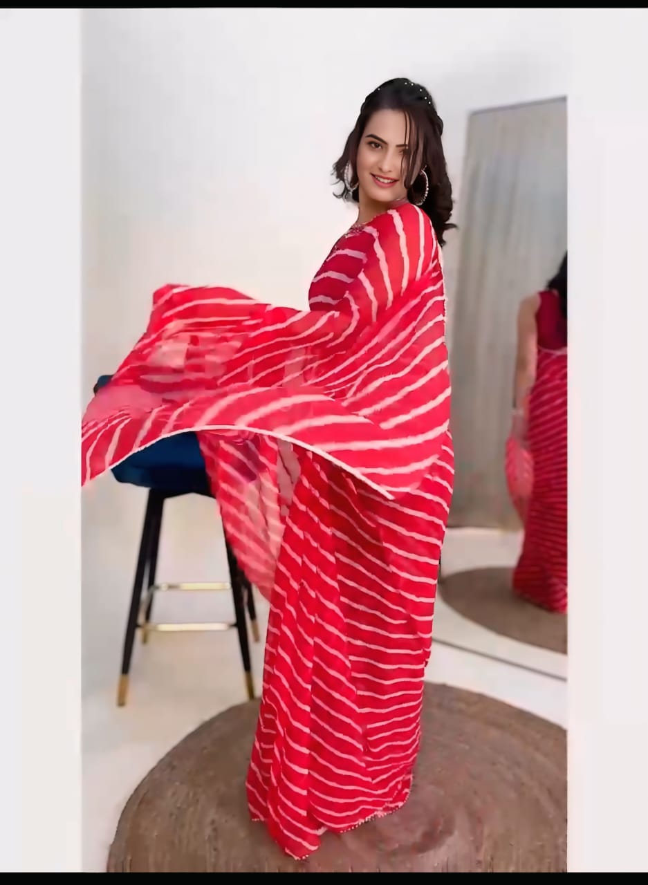 Ready to Wear - Red & White Laheriya Pure Soft Georgette Silk Saree