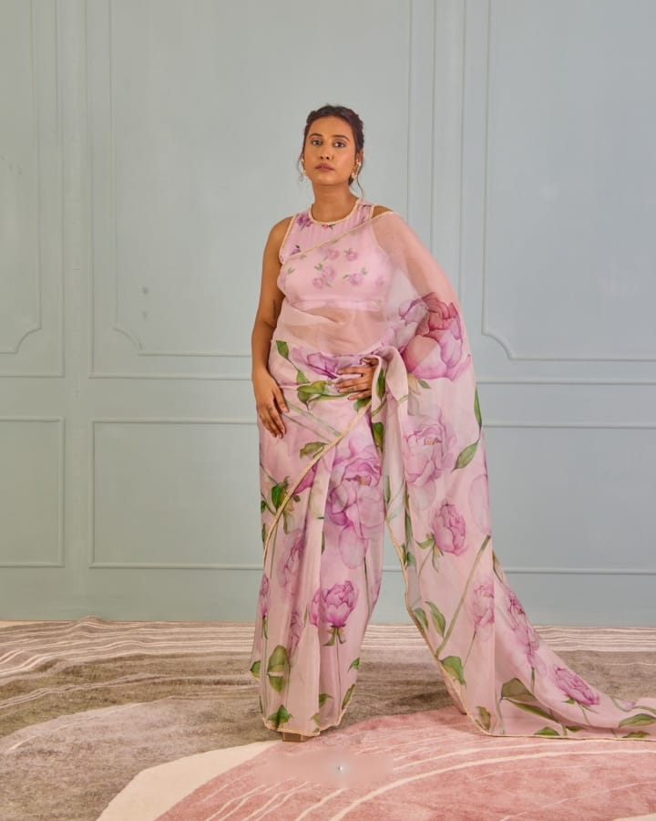 Ready to Wear - Pink Pure Soft Organza Silk Saree with Stitched Blouse
