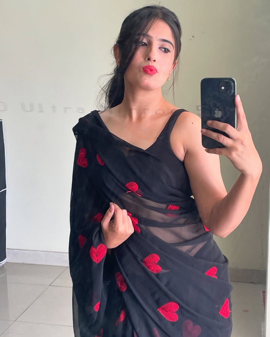 Ready to Wear - Pure Soft Georgette Silk Saree with Embroidered Red Heart Design