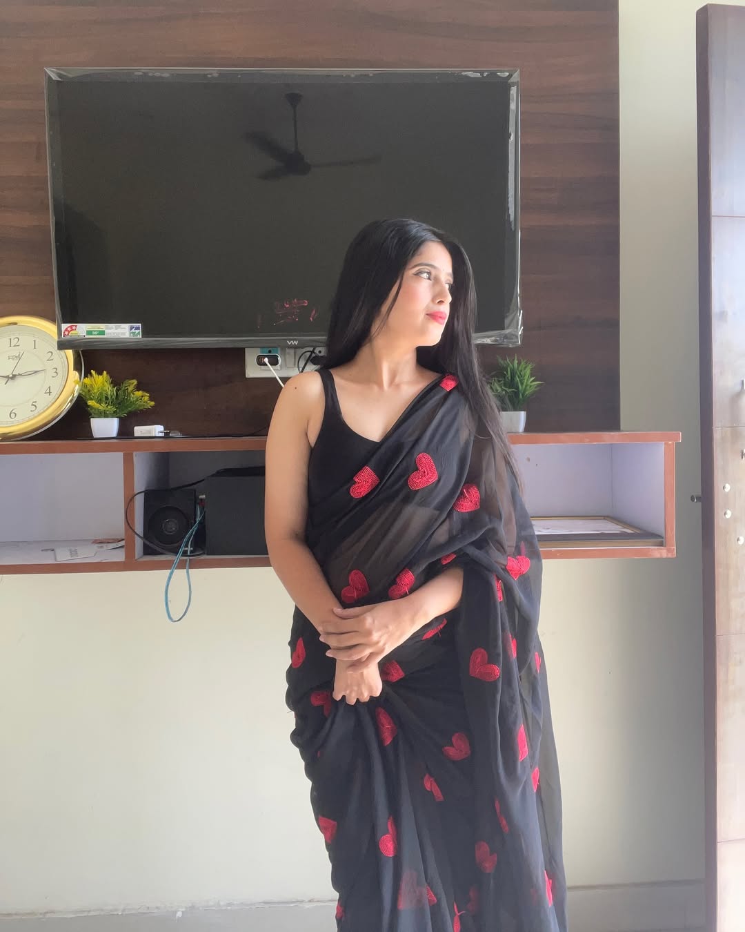 Ready to Wear - Pure Soft Georgette Silk Saree with Embroidered Red Heart Design