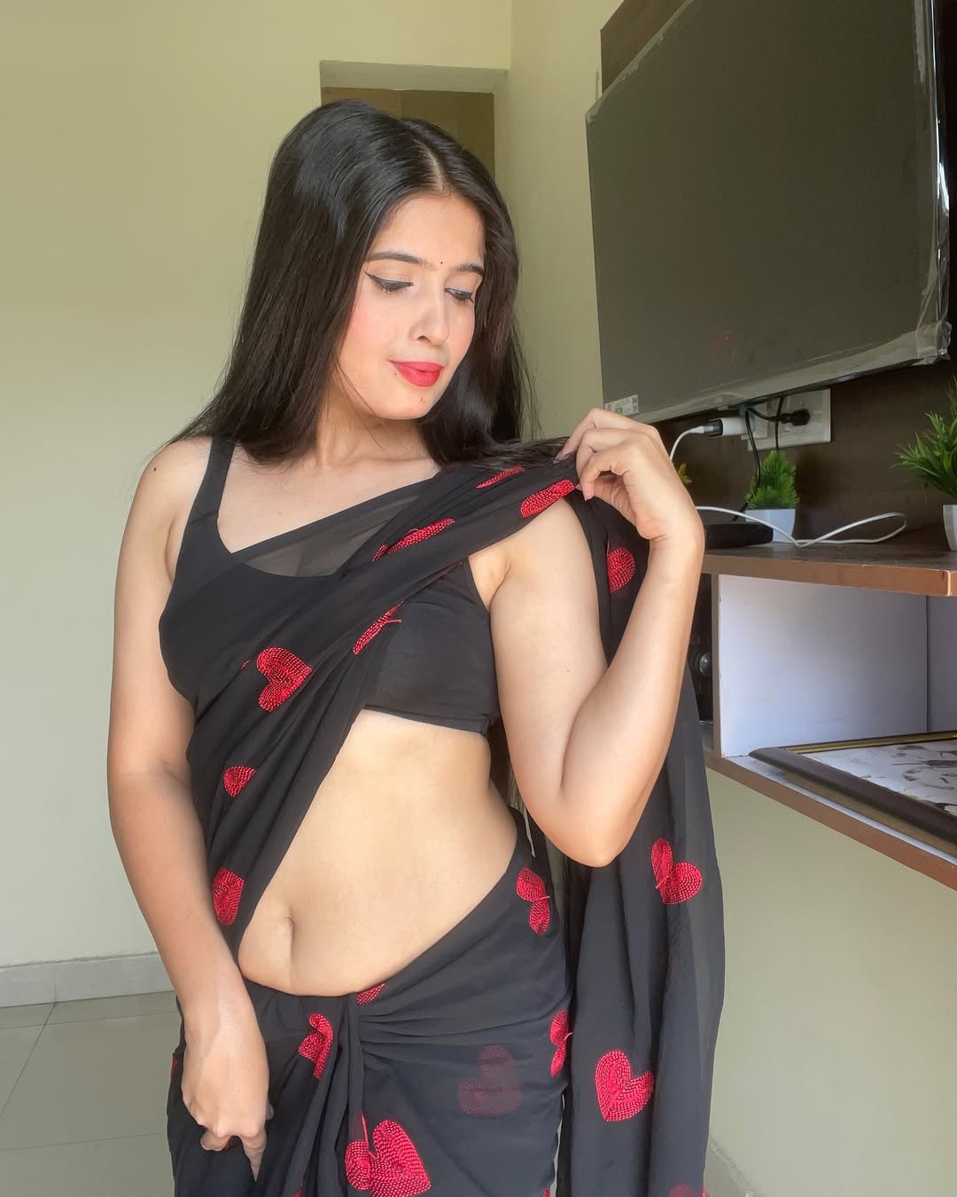 Ready to Wear - Pure Soft Georgette Silk Saree with Embroidered Red Heart Design